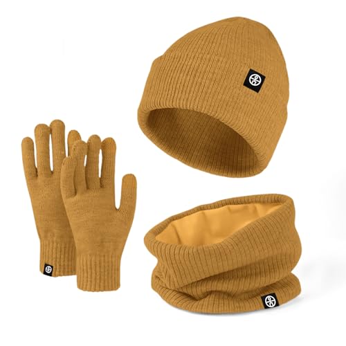 Enwokran 3 Stück Wintermütze Mütze Handschuhe Schal Set Thermo Strickmütze Elastischer Weiches Fleece Gebürstetes Innenfutter Schal Touchscreen Handschuhe Set für Kaltes Wetter (Gelb) von Enwokran