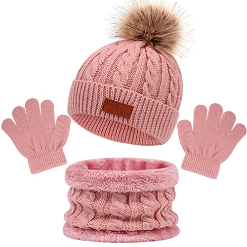 Enwokran 3 in 1 Kinder Beanie Wintermütze Schal Handschuhe Set,Verdicken Fleece Thermisch Warme Strickmütze Babymütze Handschuhe Runder Schal Set für Kinder Jungen Mädchen 2-6Jahre (Rosa) von Enwokran