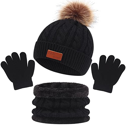 Enwokran 3 in 1 Kinder Beanie Wintermütze Schal Handschuhe Set,Verdicken Fleece Thermisch Warme Strickmütze Babymütze Handschuhe Runder Schal Set für Kinder Jungen Mädchen 2-6Jahre (Schwarz) von Enwokran