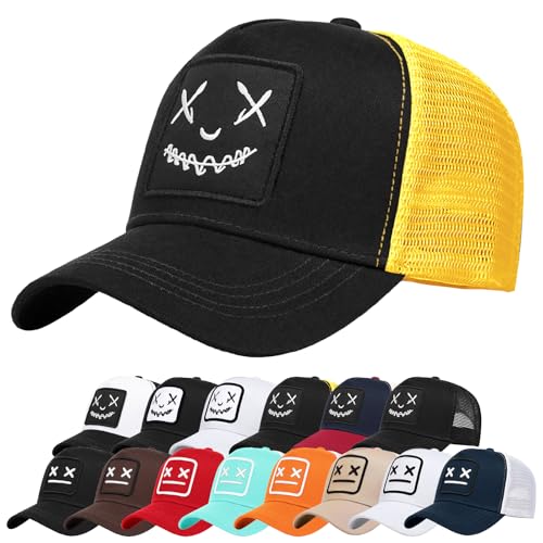 Enwokran Baseballkappe Herren Quirky Bizarre Stickerei Hüte Unisex Hip Hop Trucker Caps Verstellbare Netzrückseite UV-Schutz Sport Reisen Draußen Sonnenschutz Hüte Baseball Cap (A_Schwarz Gelb) von Enwokran