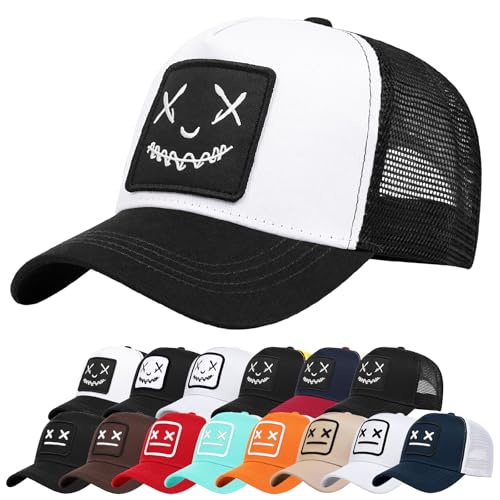 Enwokran Baseballkappe Herren Quirky Bizarre Stickerei Hüte Unisex Hip Hop Trucker Caps Verstellbare Netzrückseite UV-Schutz Sport Reisen Draußen Sonnenschutz Hüte Baseball Cap (A_Schwarz Weiß) von Enwokran