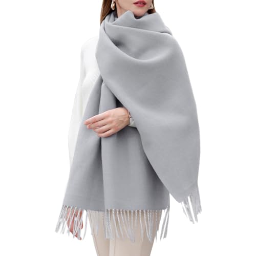 Enwokran Damen Winterschal Oversized Kaschmir Wendbar Lange Winterschal Weich Wraps Groß Karo Fransen Schal Warm Schal für Herbst Winter Hochzeiten Abendkleider (Hellgrau) von Enwokran