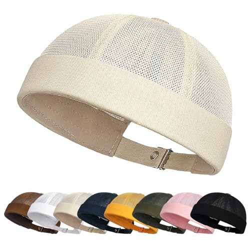 Enwokran Docker Cap Verstellbar Seemannsmütze UV-Schutz Dockermütze Sommer Hafenmütze Fischermütze Unisex Masche Brimless Rolled Cuff Harbour Beanie Mütze (Beige) von Enwokran