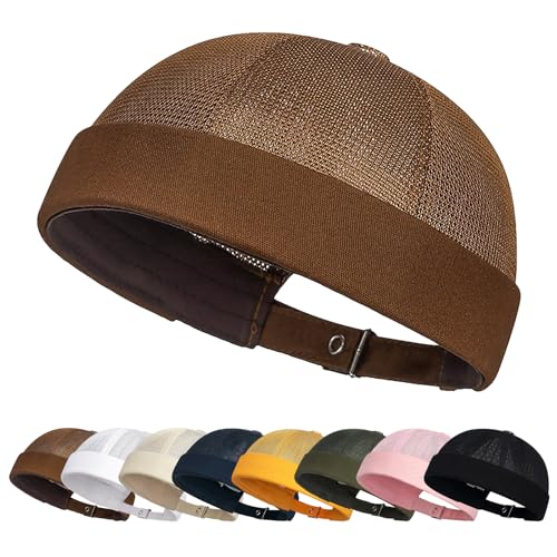 Enwokran Docker Cap Verstellbar Seemannsmütze UV-Schutz Dockermütze Sommer Hafenmütze Fischermütze Unisex Masche Brimless Rolled Cuff Harbour Beanie Mütze (Braun) von Enwokran