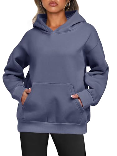 Enwokran Hoodie Damen Kapuzenpullover Oversized Langarm Sweatshirt Oberteil Kapuzenpulli Einfarbig Hoody Herbst Winter Thermofleece Tops mit Taschen (Grau Blau, S) von Enwokran