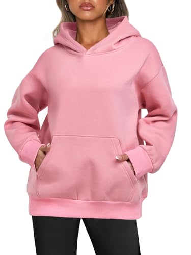 Enwokran Hoodie Damen Kapuzenpullover Oversized Langarm Sweatshirt Oberteil Kapuzenpulli Einfarbig Hoody Herbst Winter Thermofleece Tops mit Taschen (Rosa, XXL) von Enwokran