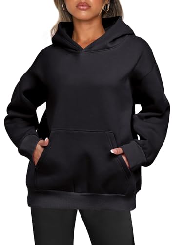 Enwokran Hoodie Damen Kapuzenpullover Oversized Langarm Sweatshirt Oberteil Kapuzenpulli Einfarbig Hoody Herbst Winter Thermofleece Tops mit Taschen (Schwarz, XL) von Enwokran