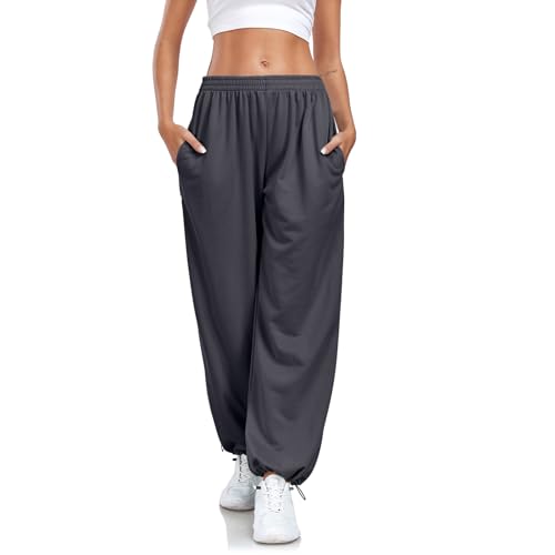 Enwokran Hosen Damen Weites Bein Track Pants Baggy Cargohose High Waist Lässige Loose Sweathose mit Taschen Stretch Sport Jogginghose mit Elastischen Knöcheln (Dunkelgrau, XXL) von Enwokran