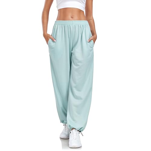 Enwokran Hosen Damen Weites Bein Track Pants Baggy Cargohose High Waist Lässige Loose Sweathose mit Taschen Stretch Sport Jogginghose mit Elastischen Knöcheln (Erbsengrün, S) von Enwokran