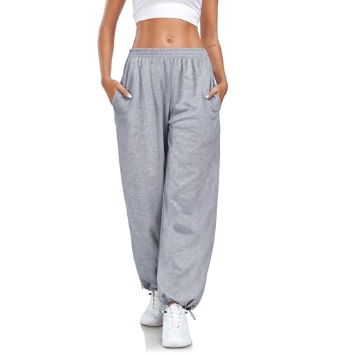 Enwokran Hosen Damen Weites Bein Track Pants Baggy Cargohose High Waist Lässige Loose Sweathose mit Taschen Stretch Sport Jogginghose mit Elastischen Knöcheln (Grau, L) von Enwokran
