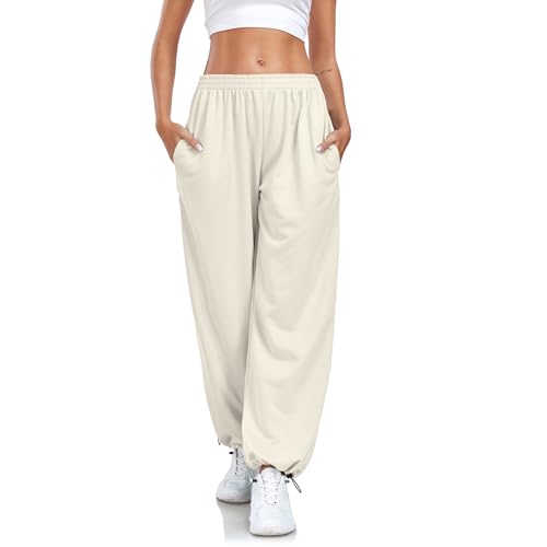 Enwokran Hosen Damen Weites Bein Track Pants Baggy Cargohose High Waist Lässige Loose Sweathose mit Taschen Stretch Sport Jogginghose mit Elastischen Knöcheln (Khaki, L) von Enwokran