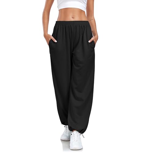 Enwokran Hosen Damen Weites Bein Track Pants Baggy Cargohose High Waist Lässige Loose Sweathose mit Taschen Stretch Sport Jogginghose mit Elastischen Knöcheln (Schwarz, L) von Enwokran