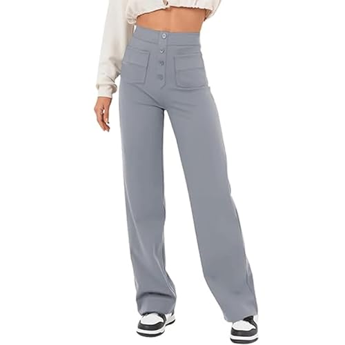 Enwokran Hosen Damen mit Geradem Bein Lounge Jogginghose Breites Bein Dehnbare Homewear Sporthose mit Knöpfen Vielen Taschen Elastischem Bund Hoher Taille Passform Arbeitshose (Grau, S) von Enwokran