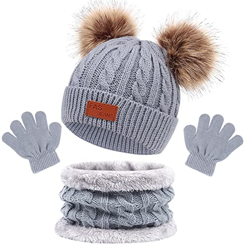 Enwokran Kinder Beanie Wintermütze Hut Schal Handschuhe Set, 3 Stück Verdicken Fleece Thermisch Warme Strickmütze Babymütze Handschuhe Runder Schal Set für Jungen Mädchen, 2-6Jahre (Grau) von Enwokran