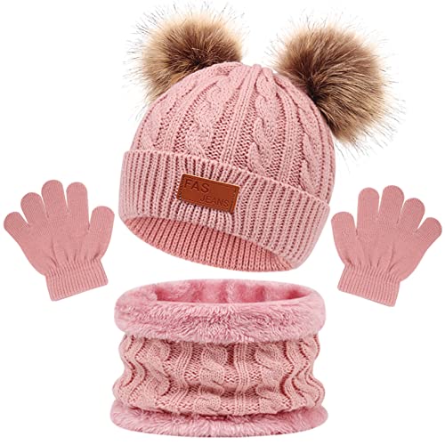 Enwokran Kinder Beanie Wintermütze Hut Schal Handschuhe Set, 3 Stück Verdicken Fleece Thermisch Warme Strickmütze Babymütze Handschuhe Runder Schal Set für Jungen Mädchen, 2-6Jahre (Rosa) von Enwokran