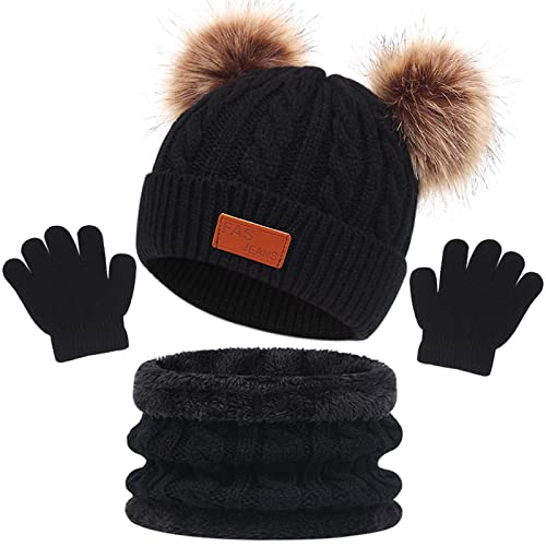 Enwokran Kinder Beanie Wintermütze Hut Schal Handschuhe Set, 3 Stück Verdicken Fleece Thermisch Warme Strickmütze Babymütze Handschuhe Runder Schal Set für Jungen Mädchen, 2-6Jahre (Schwarz) von Enwokran