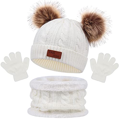 Enwokran Kinder Beanie Wintermütze Hut Schal Handschuhe Set, 3 Stück Verdicken Fleece Thermisch Warme Strickmütze Babymütze Handschuhe Runder Schal Set für Jungen Mädchen, 2-6Jahre (Weiß) von Enwokran