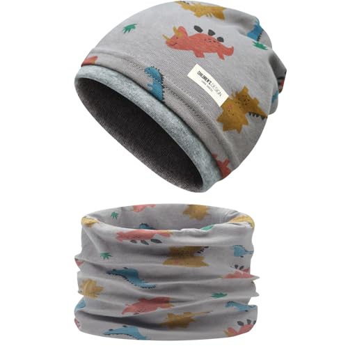 Enwokran Kinder-Mützenset und Loop-Schal Set, Herbst-Wintermütze und Schal-Set, Doppellagige Kontrastfarbene Flormütze für Herbst, Winter, Frühling Mädchen Jungen 3-8 Jahren (Dinosaurier-Hellgrau) von Enwokran