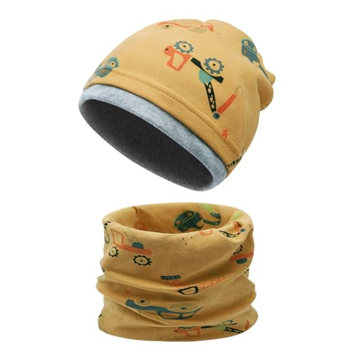 Enwokran Kinder-Mützenset und Loop-Schal Set, Herbst-Wintermütze und Schal-Set, Doppellagige Kontrastfarbene Flormütze für Herbst, Winter, Frühling Mädchen Jungen 3-8 Jahren (LKW-Gelb) von Enwokran
