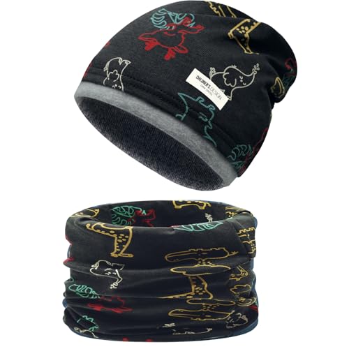 Enwokran Kinder-Mützenset und Loop-Schal Set, Herbst-Wintermütze und Schal-Set, Doppellagige Kontrastfarbene Flormütze für Herbst, Winter, Frühling Mädchen Jungen 3-8 Jahren (Tier-Grau) von Enwokran