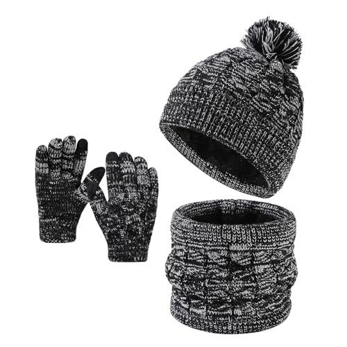 Enwokran Kinder Wintermütze Schal Handschuhe Set 3 Stück Warme Fleece Gefütterten Beanie mit Pompom Runder Schal Nackenwärmer Touchscreen Fäustling für Jungen Mädchen 5–12 Jahren (Schwarz) von Enwokran