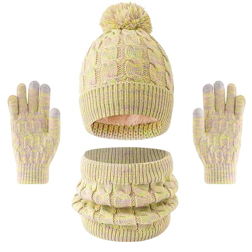 Enwokran Kinder Wintermütze Schal Handschuhe Set 3 Stück Warme Fleece Gefütterten Beanie mit Pompom Runder Schal Nackenwärmer Touchscreen Fäustling für Jungen Mädchen 5–12 Jahren (Z_Gelb) von Enwokran
