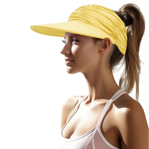 Enwokran Visor Cap Damen Sonnenhut Breite Krempe UV Protection Strand Sportmütze Strandhut Material mit Eisgefühl Faltenförmige elastische Hohlkappe Faltbar Sunblocking Hüte (Gelb) von Enwokran