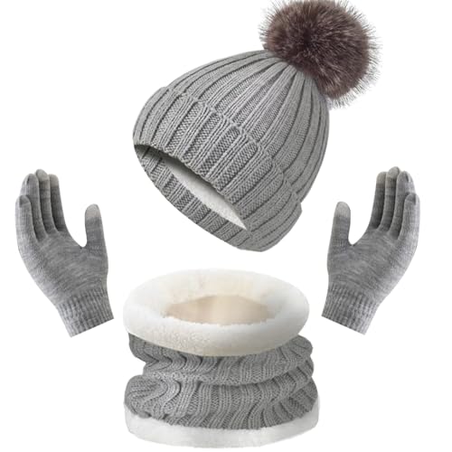 Enwokran Wintermütze Schal Touchscreen Handschuhe Set,Unisex Elastische Thermo Verdickte Beanie Mütze Warme Gebürstetes Futter Halswärmer Touchscreen Handschuhe 3 Stück für Kaltes Wetter (Grau) von Enwokran