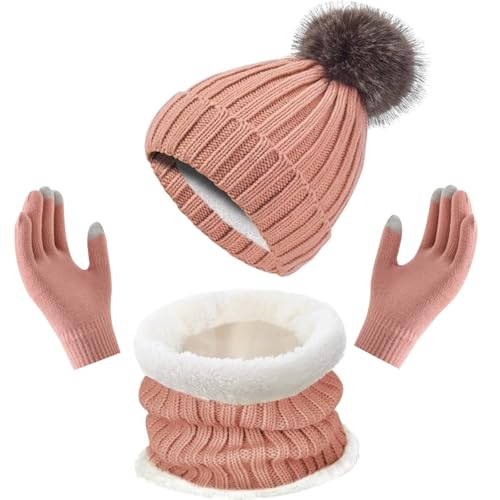 Enwokran Wintermütze Schal Touchscreen Handschuhe Set,Unisex Elastische Thermo Verdickte Beanie Mütze Warme Gebürstetes Futter Halswärmer Touchscreen Handschuhe 3 Stück für Kaltes Wetter (Rosa) von Enwokran
