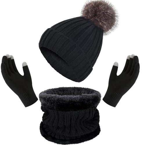 Enwokran Wintermütze Schal Touchscreen Handschuhe Set,Unisex Elastische Thermo Verdickte Beanie Mütze Warme Gebürstetes Futter Halswärmer Touchscreen Handschuhe 3 Stück für Kaltes Wetter (Schwarz) von Enwokran
