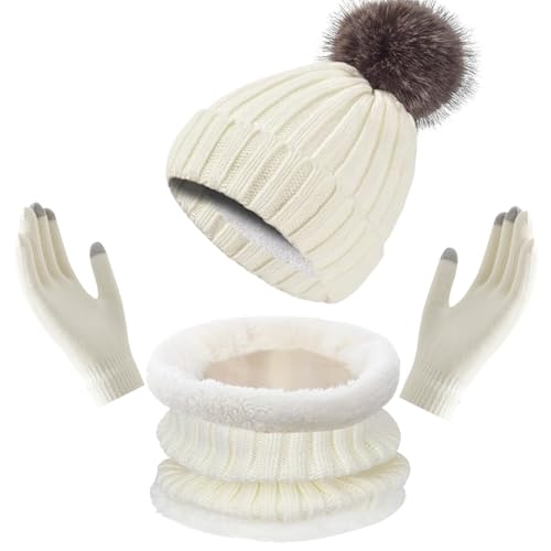 Enwokran Wintermütze Schal Touchscreen Handschuhe Set,Unisex Elastische Thermo Verdickte Beanie Mütze Warme Gebürstetes Futter Halswärmer Touchscreen Handschuhe 3 Stück für Kaltes Wetter (Weiß) von Enwokran