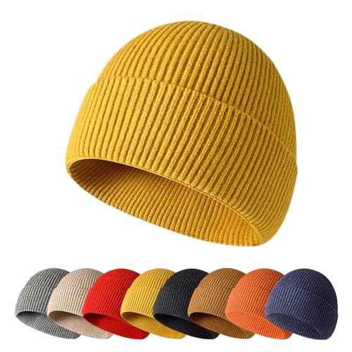 Enwokran Wintermütze Strickmütze Einteilig Nahtlos, Unisex, Dehnbar Stretch Bequem Atmungsaktiv Beanie Mütze Roll up Edge Cuffed Schädeldecke Fisherman Hut (Gelb) von Enwokran
