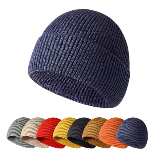 Enwokran Wintermütze Strickmütze Einteilig Nahtlos, Unisex, Dehnbar Stretch Bequem Atmungsaktiv Beanie Mütze Roll up Edge Cuffed Schädeldecke Fisherman Hut (Navy Blau) von Enwokran