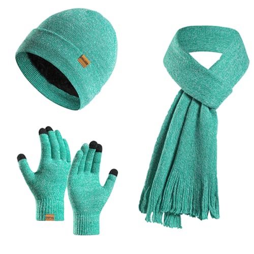 Enwokran Wintermütze Touchscreen Handschuhe Lang Schal Set Unisex Beanie Mütze Fleece Warme Haube Winterschal Kaschmir Strickmütze Strickschal mit Fleece Gefütterte Thermo Handschuhe (Blauer See) von Enwokran