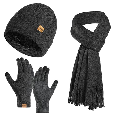 Enwokran Wintermütze Touchscreen Handschuhe Lang Schal Set Unisex Beanie Mütze Fleece Warme Haube Winterschal Kaschmir Strickmütze Strickschal mit Fleece Gefütterte Thermo Handschuhe (Dunkelgrau) von Enwokran