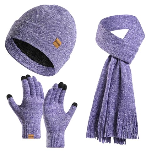 Enwokran Wintermütze Touchscreen Handschuhe Lang Schal Set Unisex Beanie Mütze Fleece Warme Haube Winterschal Kaschmir Strickmütze Strickschal mit Fleece Gefütterte Thermo Handschuhe (Dunkellila) von Enwokran