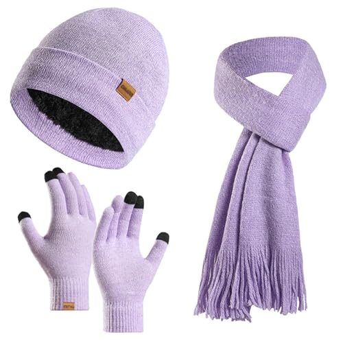 Enwokran Wintermütze Touchscreen Handschuhe Lang Schal Set Unisex Beanie Mütze Fleece Warme Haube Winterschal Kaschmir Strickmütze Strickschal mit Fleece Gefütterte Thermo Handschuhe (Helles Lila) von Enwokran