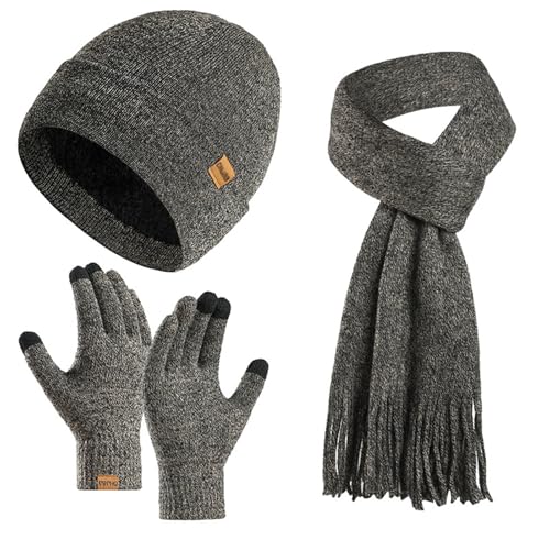Enwokran Wintermütze Touchscreen Handschuhe Lang Schal Set Unisex Beanie Mütze Fleece Warme Haube Winterschal Kaschmir Strickmütze Strickschal mit Fleece Gefütterte Thermo Handschuhe (Mittelgrau) von Enwokran