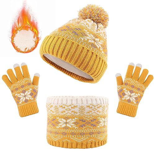 Kinder Wintermütze Schal Handschuhe Set, Warme Pompom Beanie Hut Runder Schal Nackenwärmer Touchscreen Handschuhe Set mit Fleece Gefüttert Streifen Schneemuster für Jungen Mädchen 5-12 (Gelb) von Enwokran