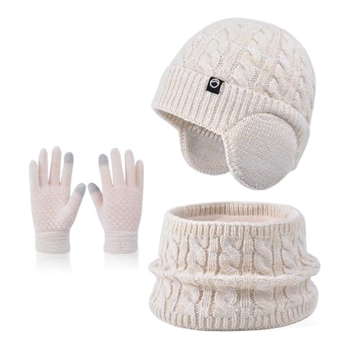Winter Mütze Schal Handschuh Sets Mädchen Strickmütze Warme Mütze Jungen Wintermütze Fleece Winterschal Elastische Beanie Ohrenklappe Hut Schal Touchscreen-Handschuhe Kinder 4-10 Jahre (Beige-Mix) von Enwokran