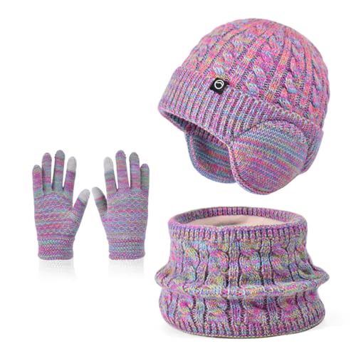 Winter Mütze Schal Handschuh Sets Mädchen Strickmütze Warme Mütze Jungen Wintermütze Fleece Winterschal Elastische Beanie Ohrenklappe Hut Schal Touchscreen-Handschuhe Kinder 4-10 Jahre (Farbe-Mix) von Enwokran