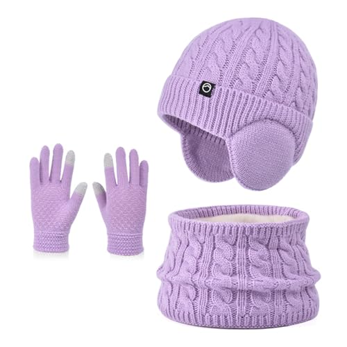 Winter Mütze Schal Handschuh Sets Mädchen Strickmütze Warme Mütze Jungen Wintermütze Fleece Winterschal Elastische Beanie Ohrenklappe Hut Schal Touchscreen-Handschuhe Kinder 4-10 Jahre (Lila) von Enwokran