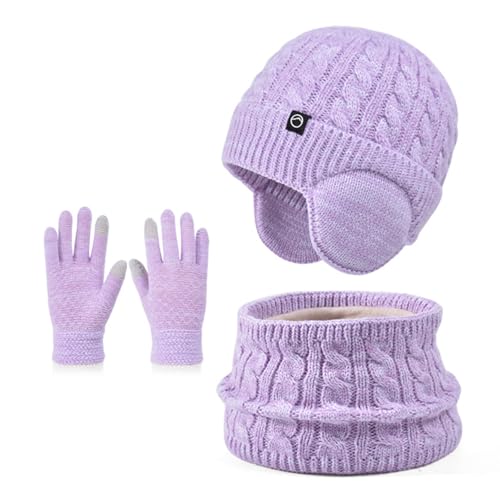 Winter Mütze Schal Handschuh Sets Mädchen Strickmütze Warme Mütze Jungen Wintermütze Fleece Winterschal Elastische Beanie Ohrenklappe Hut Schal Touchscreen-Handschuhe Kinder 4-10 Jahre (Lila-Mix) von Enwokran