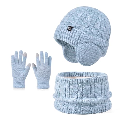 Winter Mütze Schal Handschuh Sets Mädchen Strickmütze Warme Mütze Jungen Wintermütze Fleece Winterschal Elastische Beanie Ohrenklappe Hut Schal Touchscreen-Handschuhe Kinder 4-10 Jahre (Hellgrün-Mix) von Enwokran