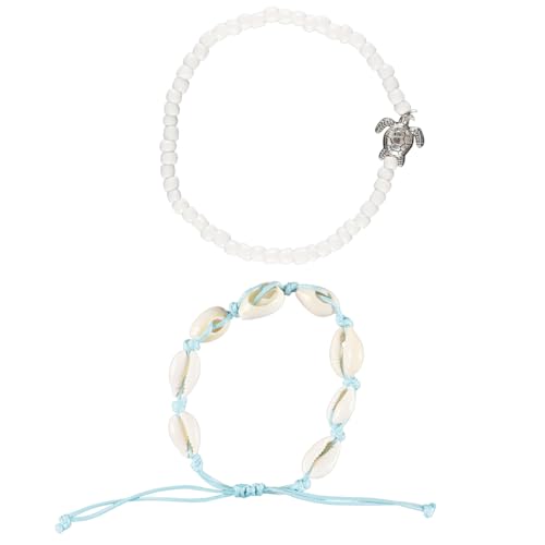 Enwye 2 Stück Boho Muschel Schildkröte Fußkettchen, Lagen Fußkette Handgewebt Schildkröte Muschel Perlen Fußkette Armband, Sommer Barfuß Strand Fußkettchen von Enwye