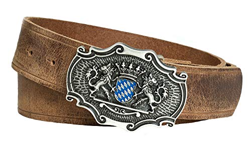 Enzianblau Echtleder Gürtel; Trachtengürtel; Bayerwappen blau-weiß und bayer. Löwen, Gürtel passend zur Lederhose (90) von Enzianblau