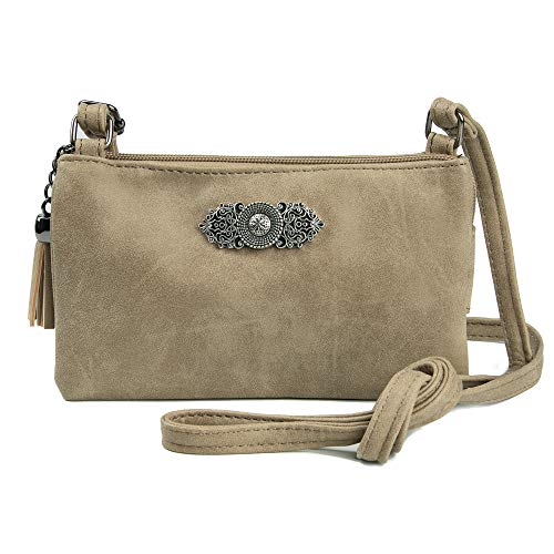 Enzianblau Trachten: Tasche in Leder-Optik mit Ornamentbrosche, Trachtencluch, Oktoberfest Tasche zum Dirndl (Taupe) von Enzianblau