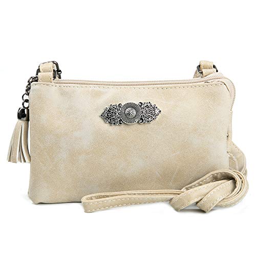 Enzianblau Trachten: Tasche in Leder-Optik mit Ornamentbrosche, Trachtencluch, Oktoberfest Tasche zum Dirndl (beige) von Enzianblau