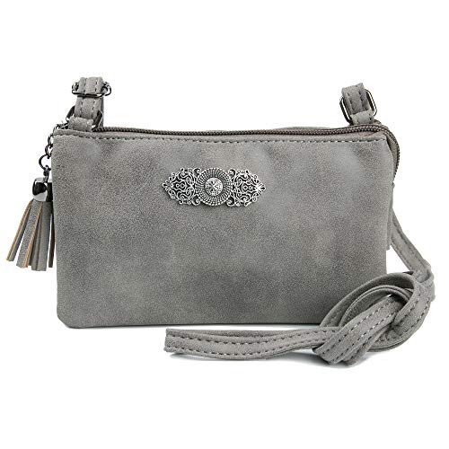 Enzianblau Trachten: Tasche in Leder-Optik mit Ornamentbrosche, Trachtencluch, Oktoberfest Tasche zum Dirndl (grau) von Enzianblau