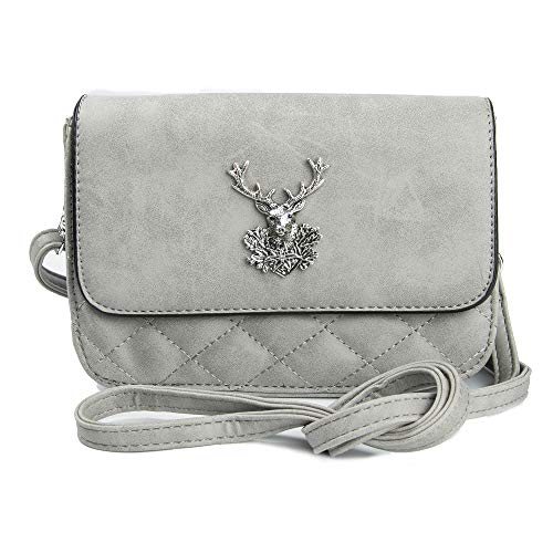 Enzianblau Trachten: Tasche in Wildleder-Optik mit HIrschbrosche, Trachtencluch, Oktoberfest Tasche zum Dirndl (hellgrau) von Enzianblau